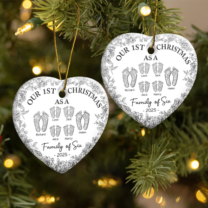 Christmas,Family,Dog Lovers,Cat Lovers,Pet Lovers,Parents,Happy - First Christmas As A Family Of Four Toile Footprints - Personalized Heart Ceramic Ornament