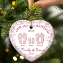Christmas,Family,Dog Lovers,Cat Lovers,Pet Lovers,Parents,Happy - First Christmas As A Family Of Four Toile Footprints - Personalized Heart Ceramic Ornament