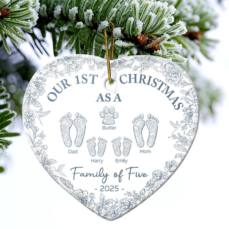 Christmas,Family,Dog Lovers,Cat Lovers,Pet Lovers,Parents,Happy - First Christmas As A Family Of Four Toile Footprints - Personalized Heart Ceramic Ornament