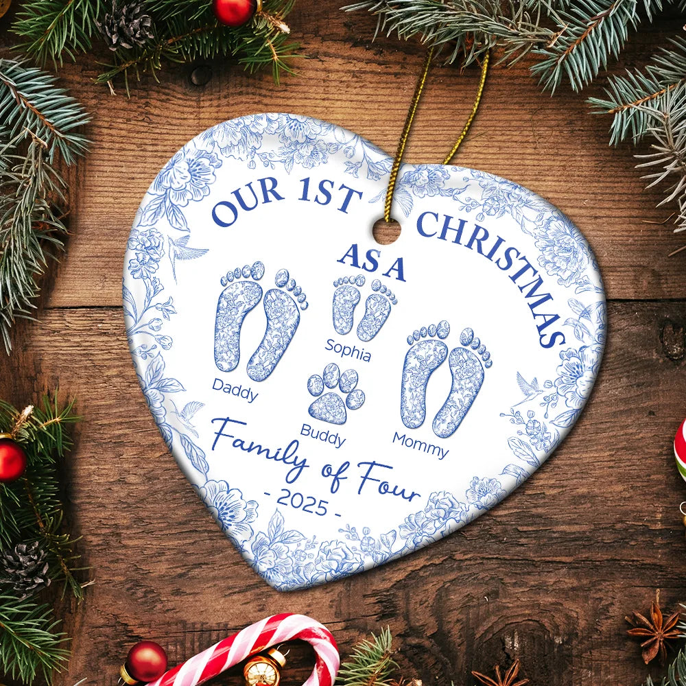 Christmas,Family,Dog Lovers,Cat Lovers,Pet Lovers,Parents,Happy - First Christmas As A Family Of Four Toile Footprints - Personalized Heart Ceramic Ornament
