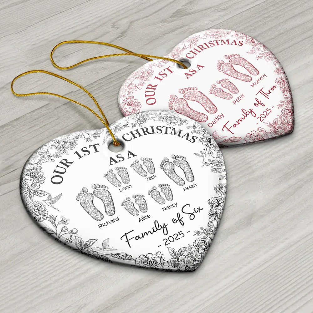Christmas,Family,Dog Lovers,Cat Lovers,Pet Lovers,Parents,Happy - First Christmas As A Family Of Four Toile Footprints - Personalized Heart Ceramic Ornament