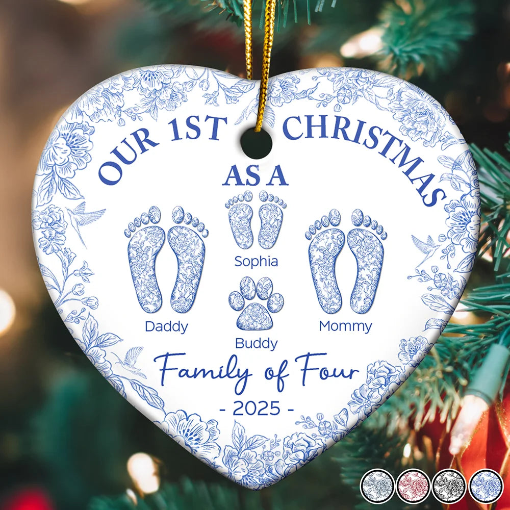 Christmas,Family,Dog Lovers,Cat Lovers,Pet Lovers,Parents,Happy - First Christmas As A Family Of Four Toile Footprints - Personalized Heart Ceramic Ornament