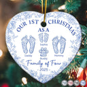 Christmas,Family,Dog Lovers,Cat Lovers,Pet Lovers,Parents,Happy - First Christmas As A Family Of Four Toile Footprints - Personalized Heart Ceramic Ornament