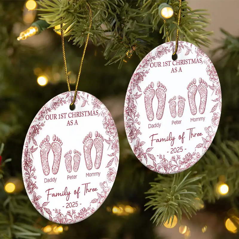 Christmas, Family, Dog Lovers, Cat Lovers, Pet Lovers, Parents, Happy - First Christmas As A Family Of Four Toile Footprints - Personalized Circle Ceramic Ornament