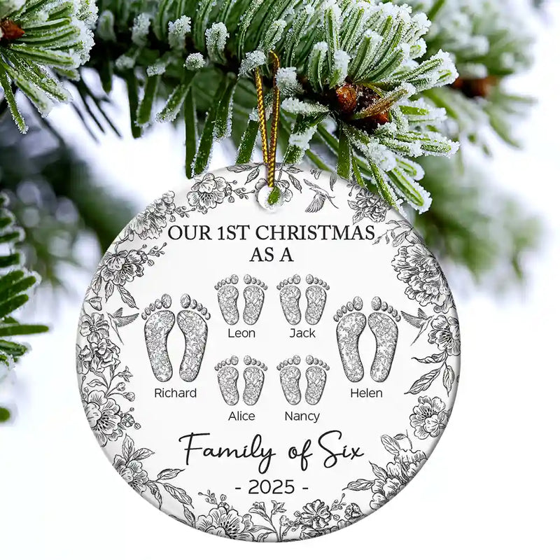 Christmas, Family, Dog Lovers, Cat Lovers, Pet Lovers, Parents, Happy - First Christmas As A Family Of Four Toile Footprints - Personalized Circle Ceramic Ornament