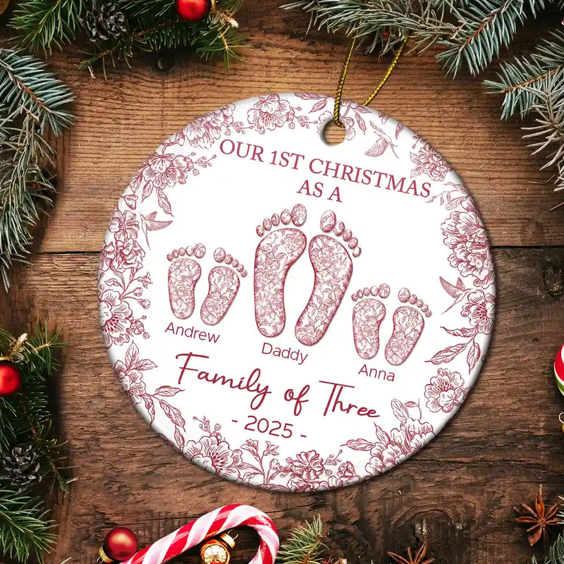 Christmas, Family, Dog Lovers, Cat Lovers, Pet Lovers, Parents, Happy - First Christmas As A Family Of Four Toile Footprints - Personalized Circle Ceramic Ornament