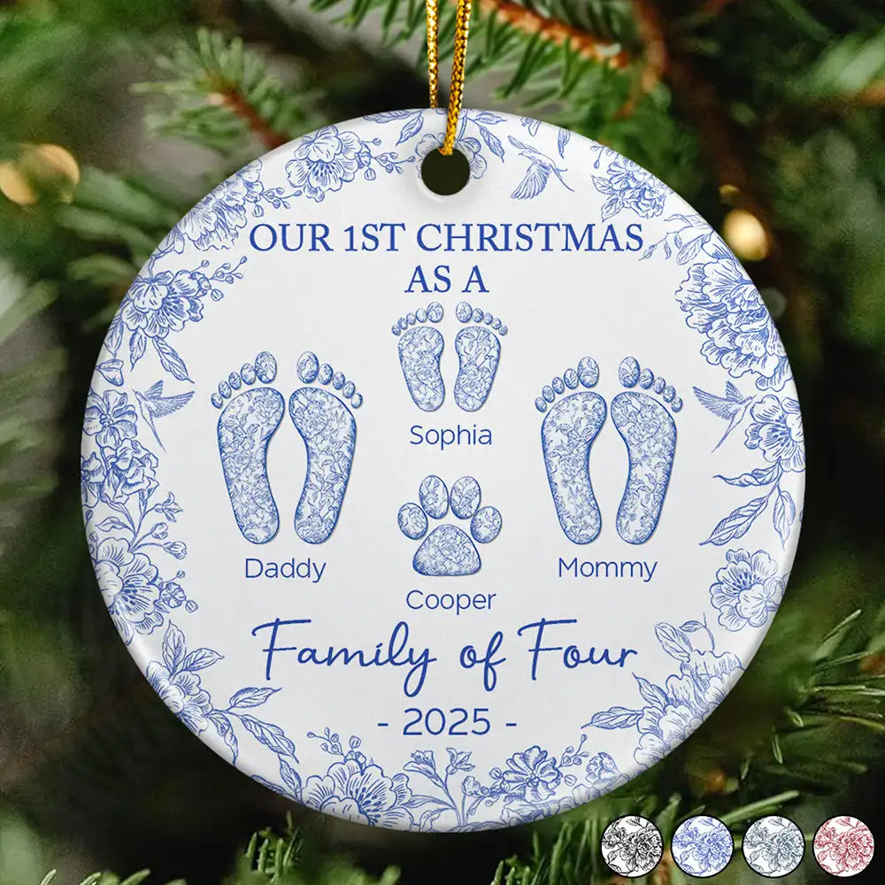 Christmas, Family, Dog Lovers, Cat Lovers, Pet Lovers, Parents, Happy - First Christmas As A Family Of Four Toile Footprints - Personalized Circle Ceramic Ornament
