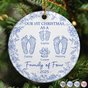 Christmas, Family, Dog Lovers, Cat Lovers, Pet Lovers, Parents, Happy - First Christmas As A Family Of Four Toile Footprints - Personalized Circle Ceramic Ornament