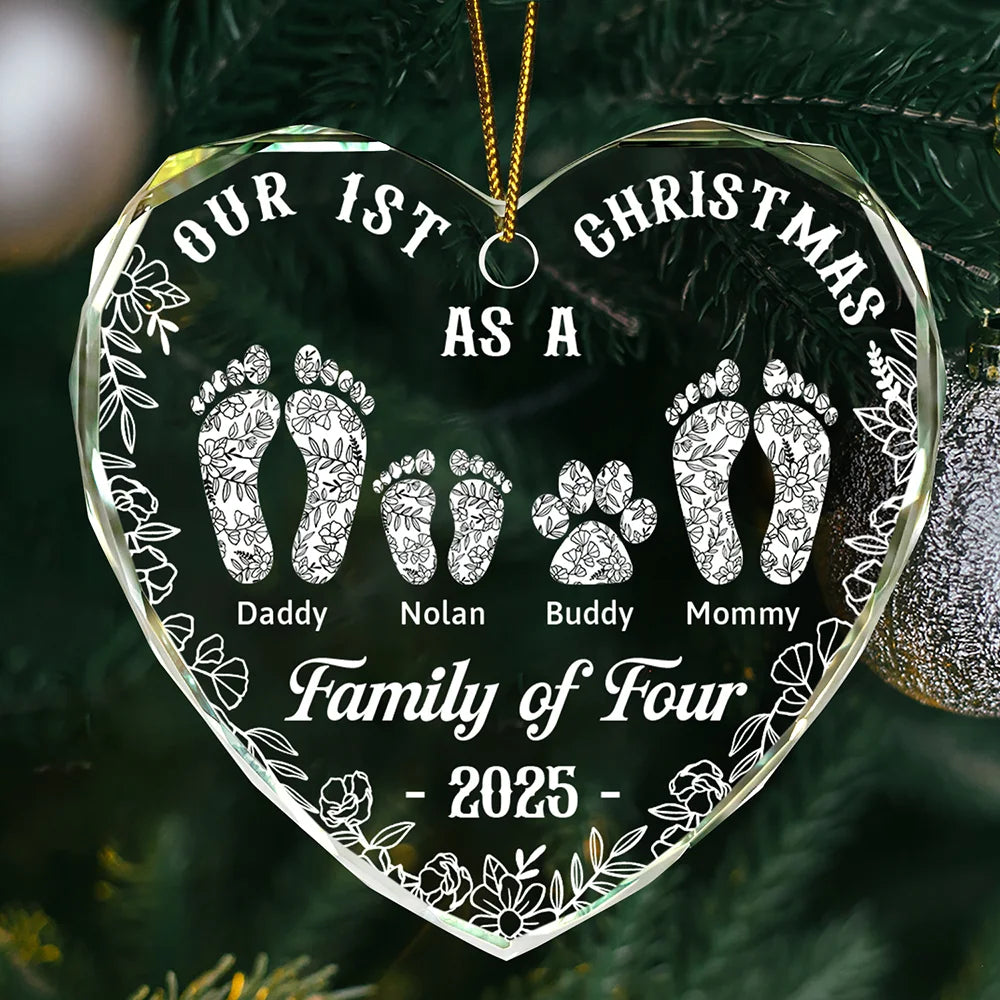 Christmas,Family,Dog Lovers,Cat Lovers,Pet Lovers,Parents,Happy - First Christmas As A Family Of Four Toile Footprints - Personalized Heart Shaped Glass Ornament