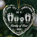 Christmas,Family,Dog Lovers,Cat Lovers,Pet Lovers,Parents,Happy - First Christmas As A Family Of Four Toile Footprints - Personalized Heart Shaped Glass Ornament