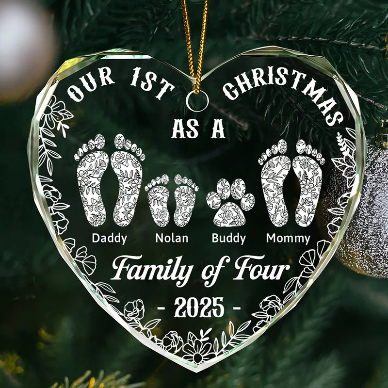 Christmas,Family,Dog Lovers,Cat Lovers,Pet Lovers,Parents,Happy - First Christmas As A Family Of Four Toile Footprints - Personalized Heart Shaped Glass Ornament