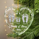 Christmas,Family,Dog Lovers,Cat Lovers,Pet Lovers,Parents,Happy - First Christmas As A Family Of Four Toile Footprints - Personalized Heart Shaped Glass Ornament
