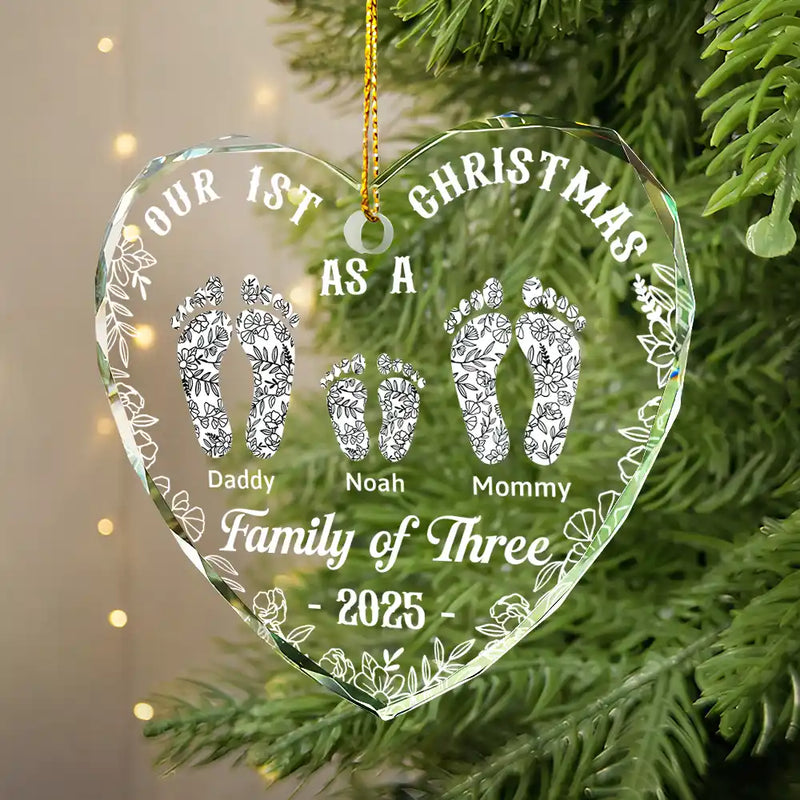Christmas,Family,Dog Lovers,Cat Lovers,Pet Lovers,Parents,Happy - First Christmas As A Family Of Four Toile Footprints - Personalized Heart Shaped Glass Ornament