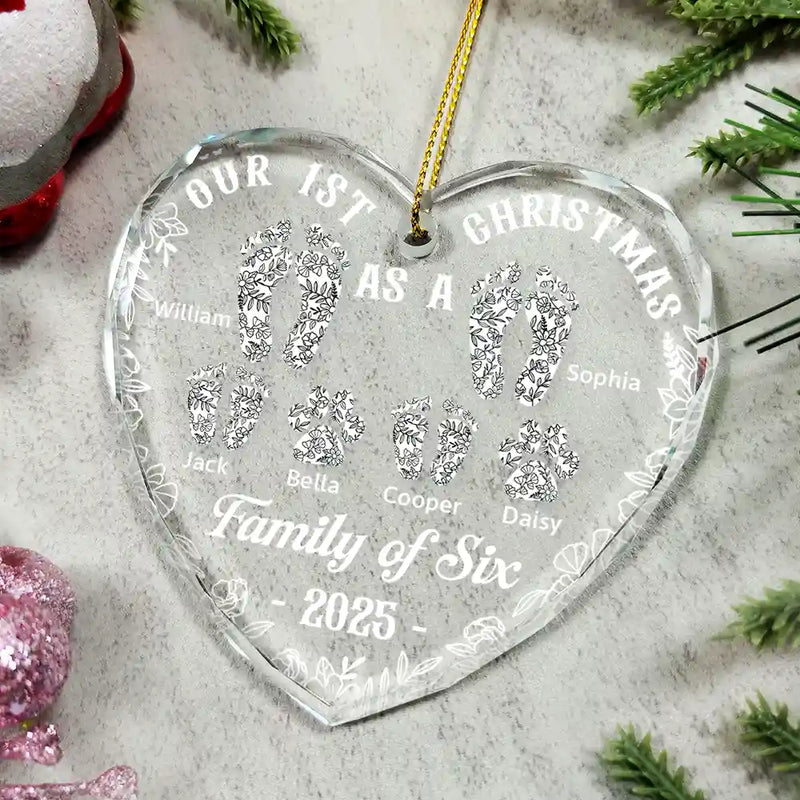 Christmas,Family,Dog Lovers,Cat Lovers,Pet Lovers,Parents,Happy - First Christmas As A Family Of Four Toile Footprints - Personalized Heart Shaped Glass Ornament