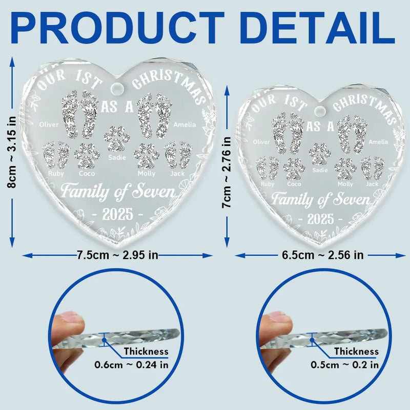 Christmas,Family,Dog Lovers,Cat Lovers,Pet Lovers,Parents,Happy - First Christmas As A Family Of Four Toile Footprints - Personalized Heart Shaped Glass Ornament