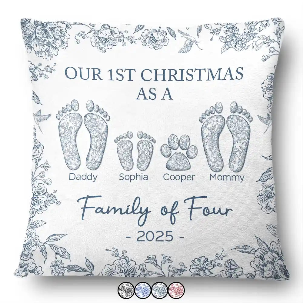 Christmas,Family,Dog Lovers,Cat Lovers,Pet Lovers,Parents,Happy - First Christmas As A Family Of Four Toile Footprints - Personalized Pillow