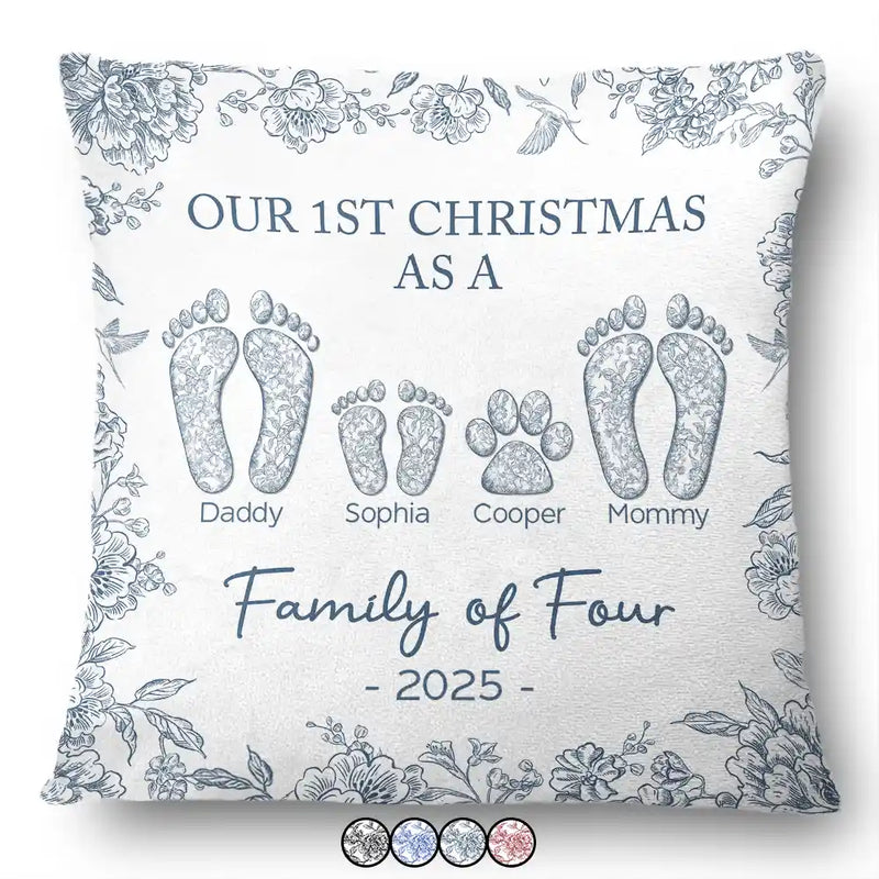 Christmas,Family,Dog Lovers,Cat Lovers,Pet Lovers,Parents,Happy - First Christmas As A Family Of Four Toile Footprints - Personalized Pillow