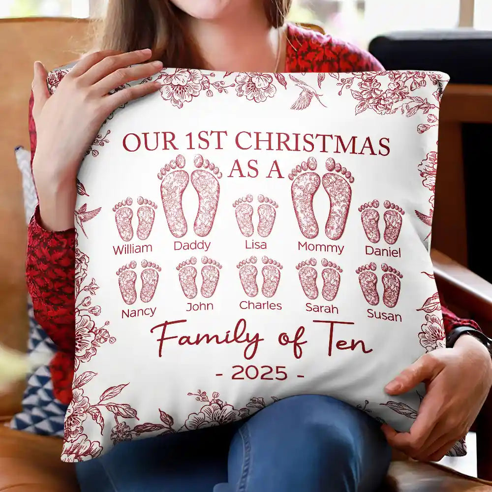 Christmas,Family,Dog Lovers,Cat Lovers,Pet Lovers,Parents,Happy - First Christmas As A Family Of Four Toile Footprints - Personalized Pillow