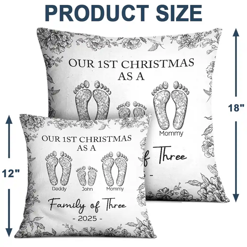 Christmas,Family,Dog Lovers,Cat Lovers,Pet Lovers,Parents,Happy - First Christmas As A Family Of Four Toile Footprints - Personalized Pillow