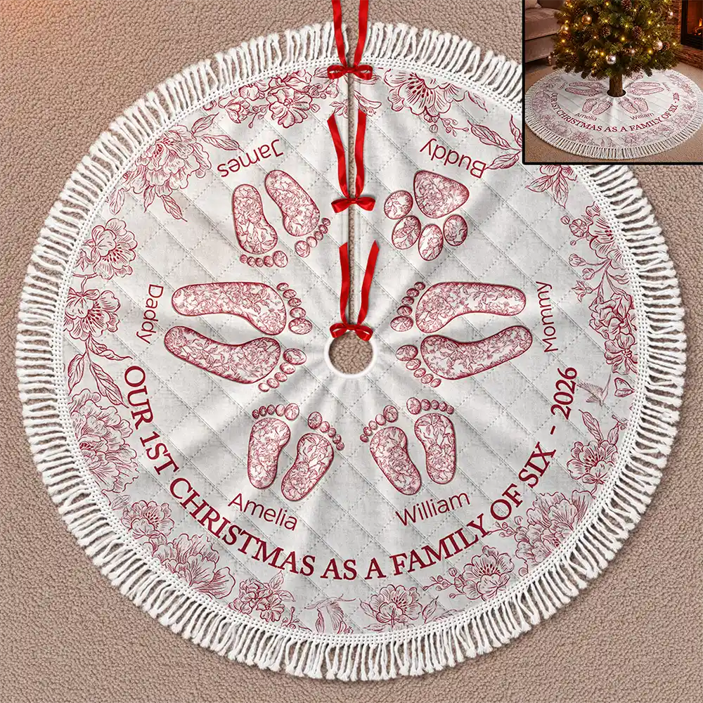 First Christmas As A Family Of Four Toile Footprints - Personalized Tree Skirt