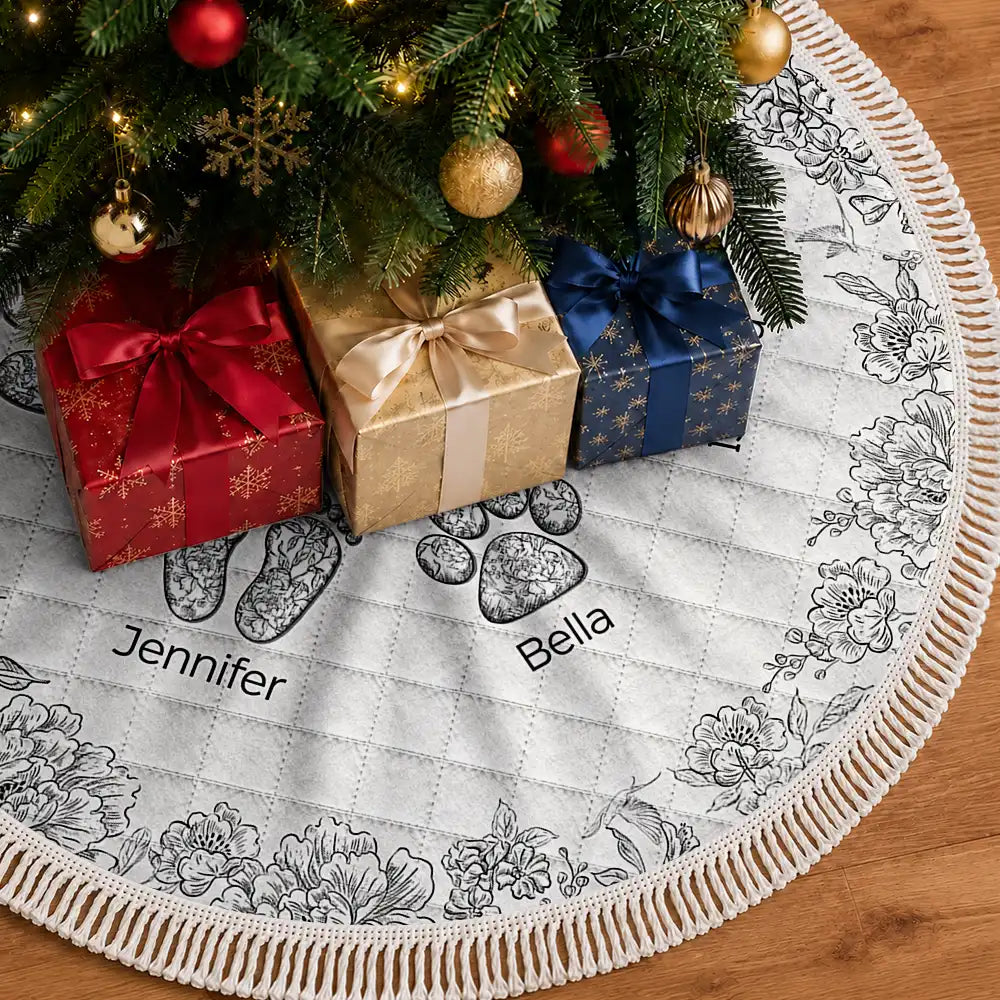 Gift For Wife,Christmas,Indoor Decor,Gift For Couples,Icon,Happy - First Christmas As A Family Of Four Toile Footprints - Personalized Tree Skirt