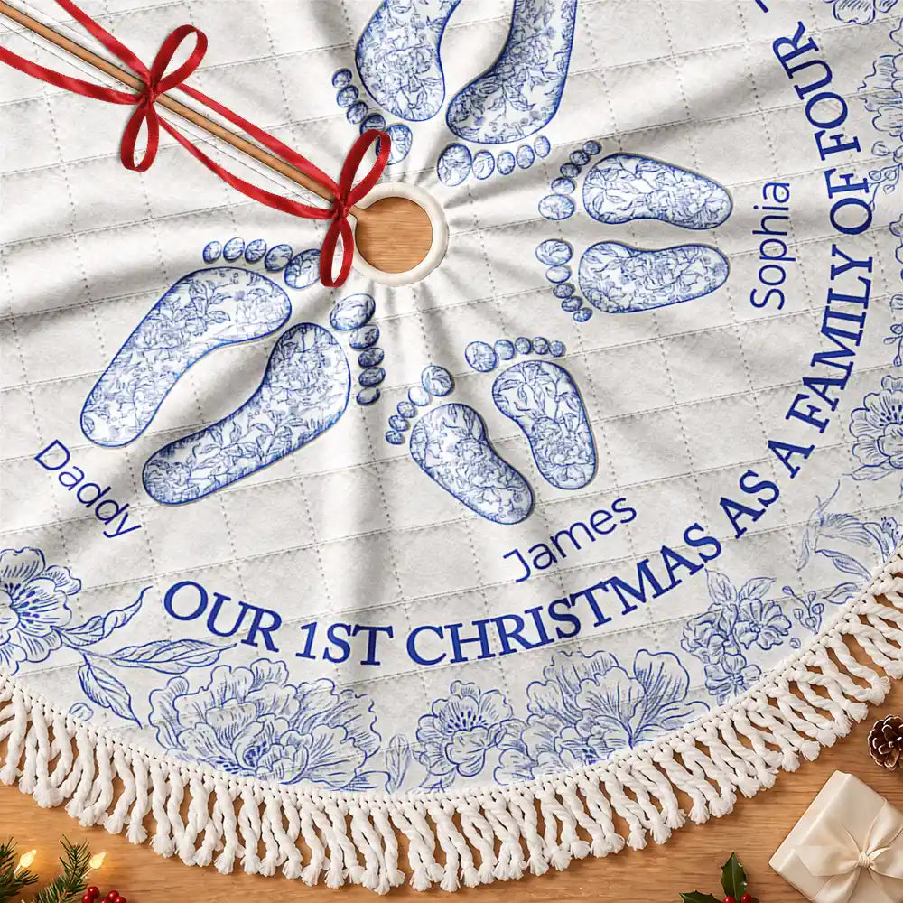 Gift For Wife,Christmas,Indoor Decor,Gift For Couples,Icon,Happy - First Christmas As A Family Of Four Toile Footprints - Personalized Tree Skirt