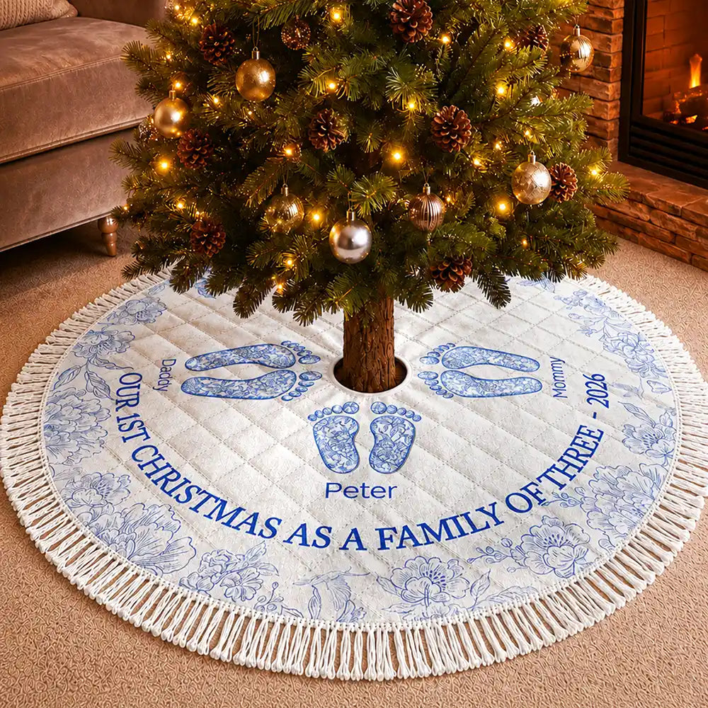 Gift For Wife,Christmas,Indoor Decor,Gift For Couples,Icon,Happy - First Christmas As A Family Of Four Toile Footprints - Personalized Tree Skirt