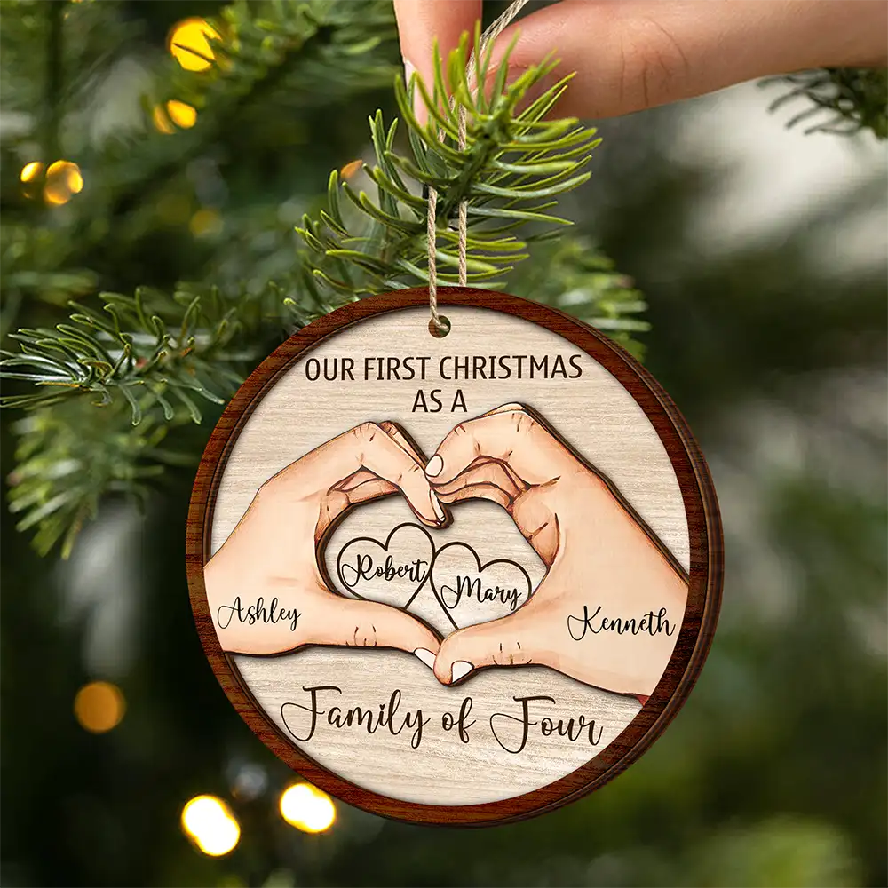 Love,Family,Christmas - First Christmas As A Family Of Three - Personalized 2-Layered Wooden Ornament