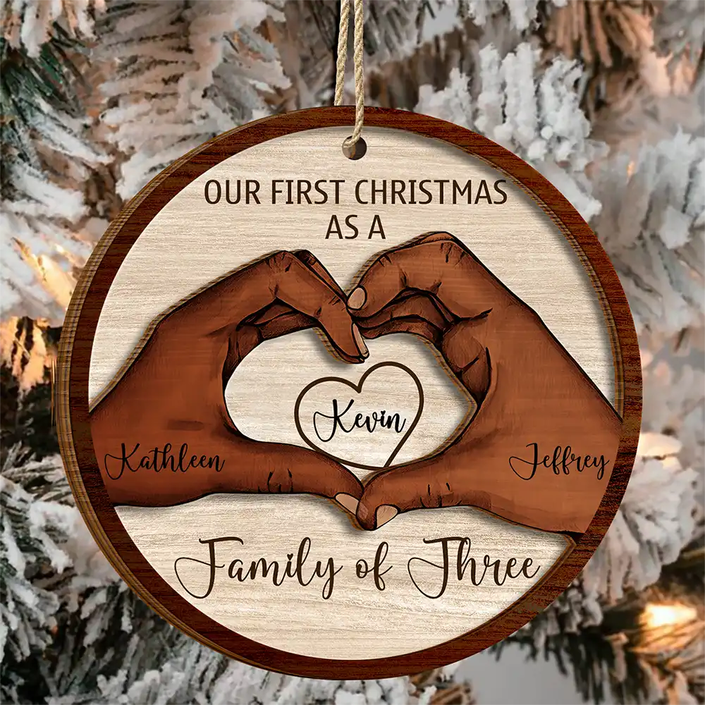 Love,Family,Christmas - First Christmas As A Family Of Three - Personalized 2-Layered Wooden Ornament