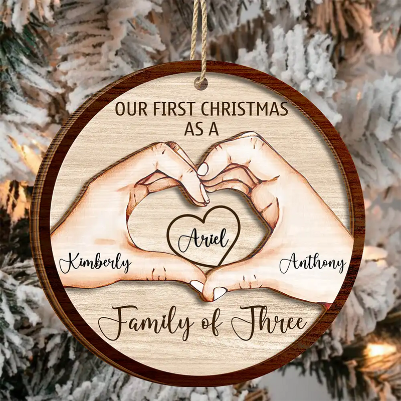 Love,Family,Christmas - First Christmas As A Family Of Three - Personalized 2-Layered Wooden Ornament