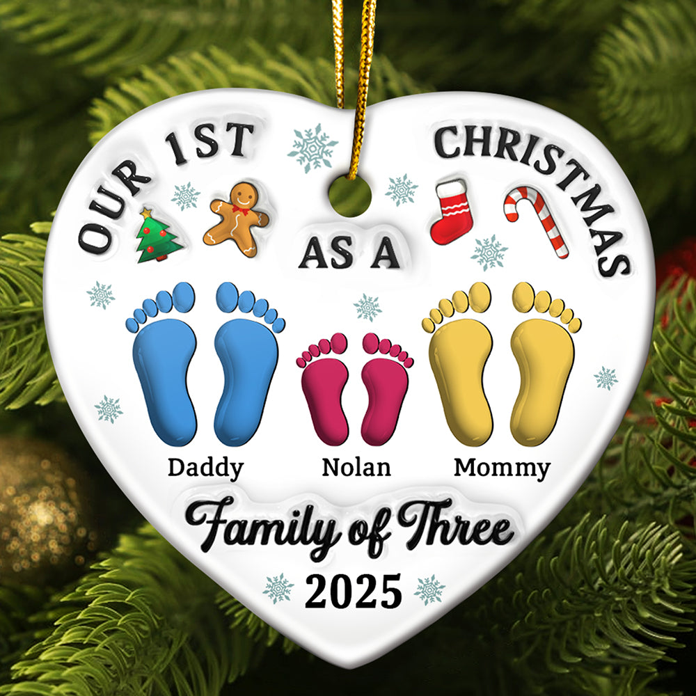 Christmas, Family, Dog Lovers, Cat Lovers, Pet Lovers, Parents, Happy, New baby - First Christmas As A Family Of Three Footprints 3D Effect - Personalized Heart Ceramic Ornament