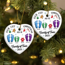 Christmas, Family, Dog Lovers, Cat Lovers, Pet Lovers, Parents, Happy, New baby - First Christmas As A Family Of Three Footprints 3D Effect - Personalized Heart Ceramic Ornament