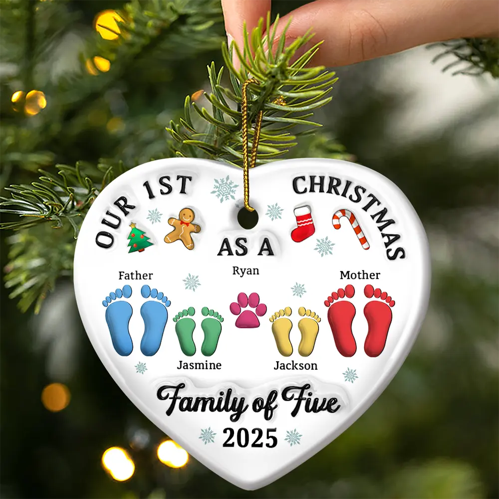 Christmas, Family, Dog Lovers, Cat Lovers, Pet Lovers, Parents, Happy, New baby - First Christmas As A Family Of Three Footprints 3D Effect - Personalized Heart Ceramic Ornament