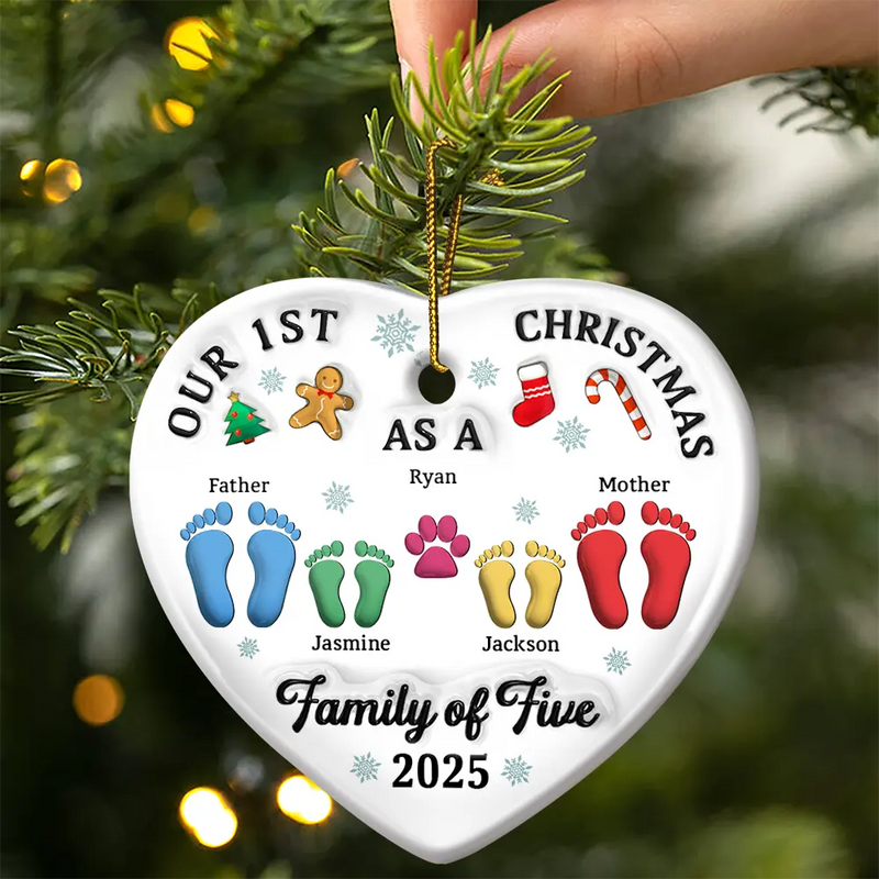 Christmas, Family, Dog Lovers, Cat Lovers, Pet Lovers, Parents, Happy, New baby - First Christmas As A Family Of Three Footprints 3D Effect - Personalized Heart Ceramic Ornament