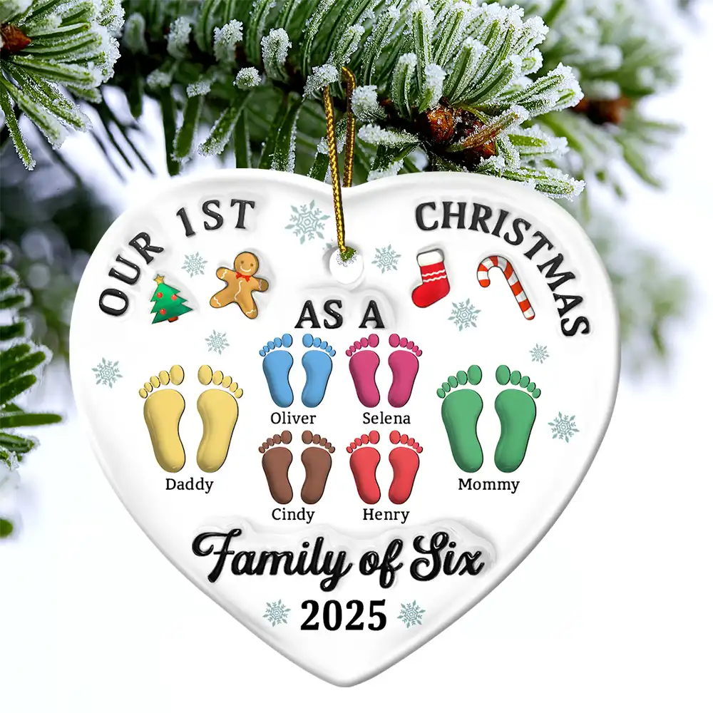 Christmas, Family, Dog Lovers, Cat Lovers, Pet Lovers, Parents, Happy, New baby - First Christmas As A Family Of Three Footprints 3D Effect - Personalized Heart Ceramic Ornament