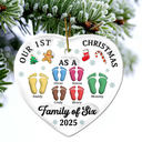 Christmas, Family, Dog Lovers, Cat Lovers, Pet Lovers, Parents, Happy, New baby - First Christmas As A Family Of Three Footprints 3D Effect - Personalized Heart Ceramic Ornament