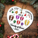 Christmas, Family, Dog Lovers, Cat Lovers, Pet Lovers, Parents, Happy, New baby - First Christmas As A Family Of Three Footprints 3D Effect - Personalized Heart Ceramic Ornament