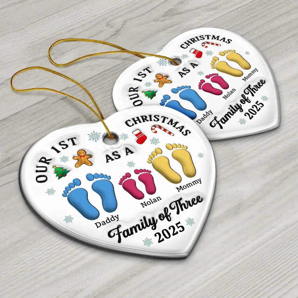 Christmas, Family, Dog Lovers, Cat Lovers, Pet Lovers, Parents, Happy, New baby - First Christmas As A Family Of Three Footprints 3D Effect - Personalized Heart Ceramic Ornament