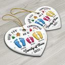 Christmas, Family, Dog Lovers, Cat Lovers, Pet Lovers, Parents, Happy, New baby - First Christmas As A Family Of Three Footprints 3D Effect - Personalized Heart Ceramic Ornament
