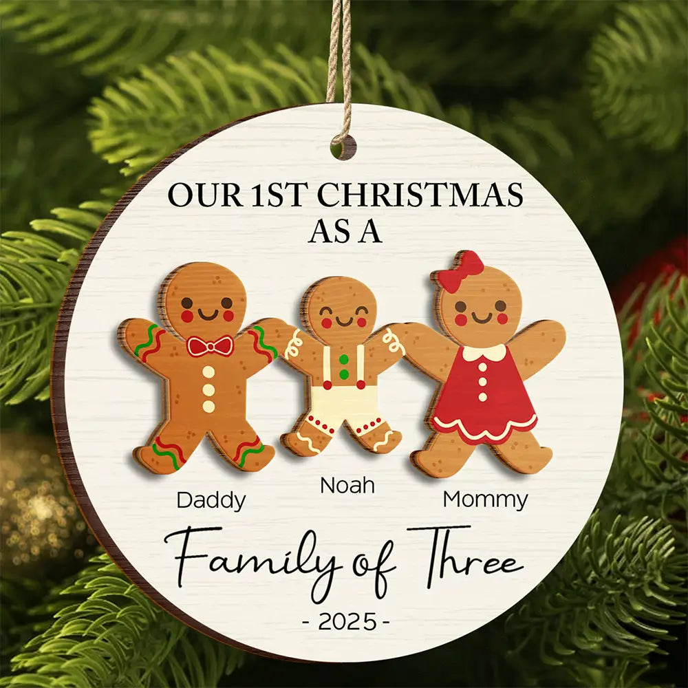 First Christmas As A Family Of Three Gingerbread - Personalized 2-Layered Wooden Ornament