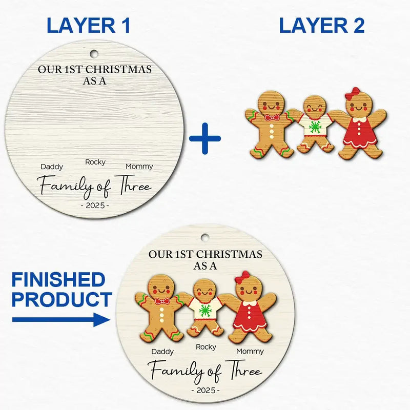Premier Noël en famille de trois personnes - Décoration en bois personnalisée à deux couches 