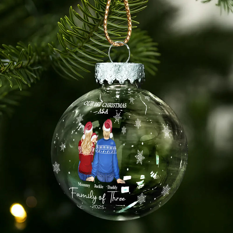 Christmas,Family,Dog Lovers,Cat Lovers,Pet Lovers,Parents,Happy,New Dad,New baby,New Mom - First Christmas As A Family Of Three New Parents - Personalized Ball Ornament