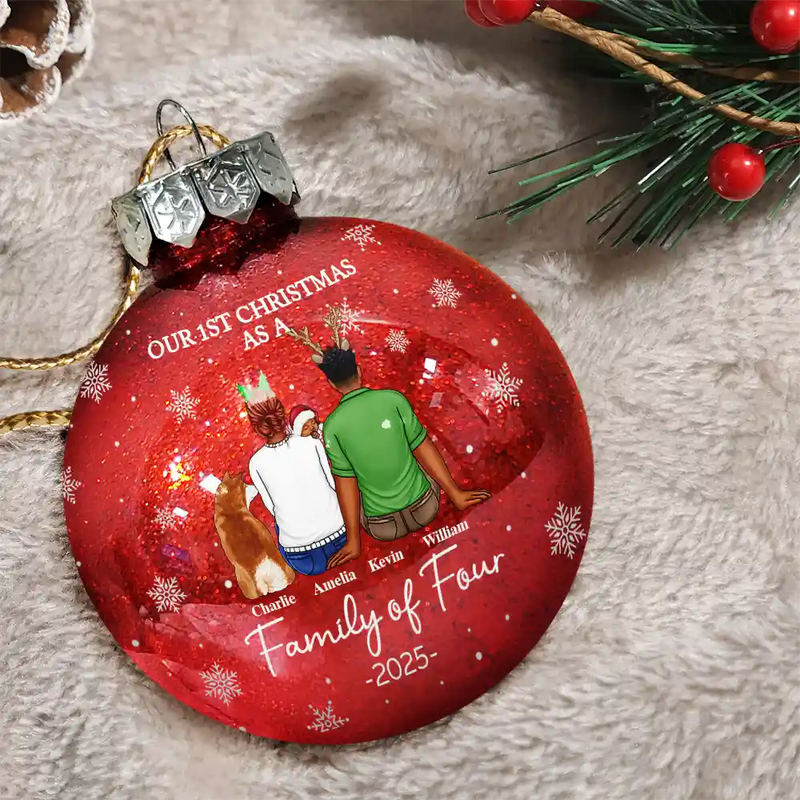 Christmas,Family,Dog Lovers,Cat Lovers,Pet Lovers,Parents,Happy,New Dad,New baby,New Mom - First Christmas As A Family Of Three New Parents - Personalized Ball Ornament
