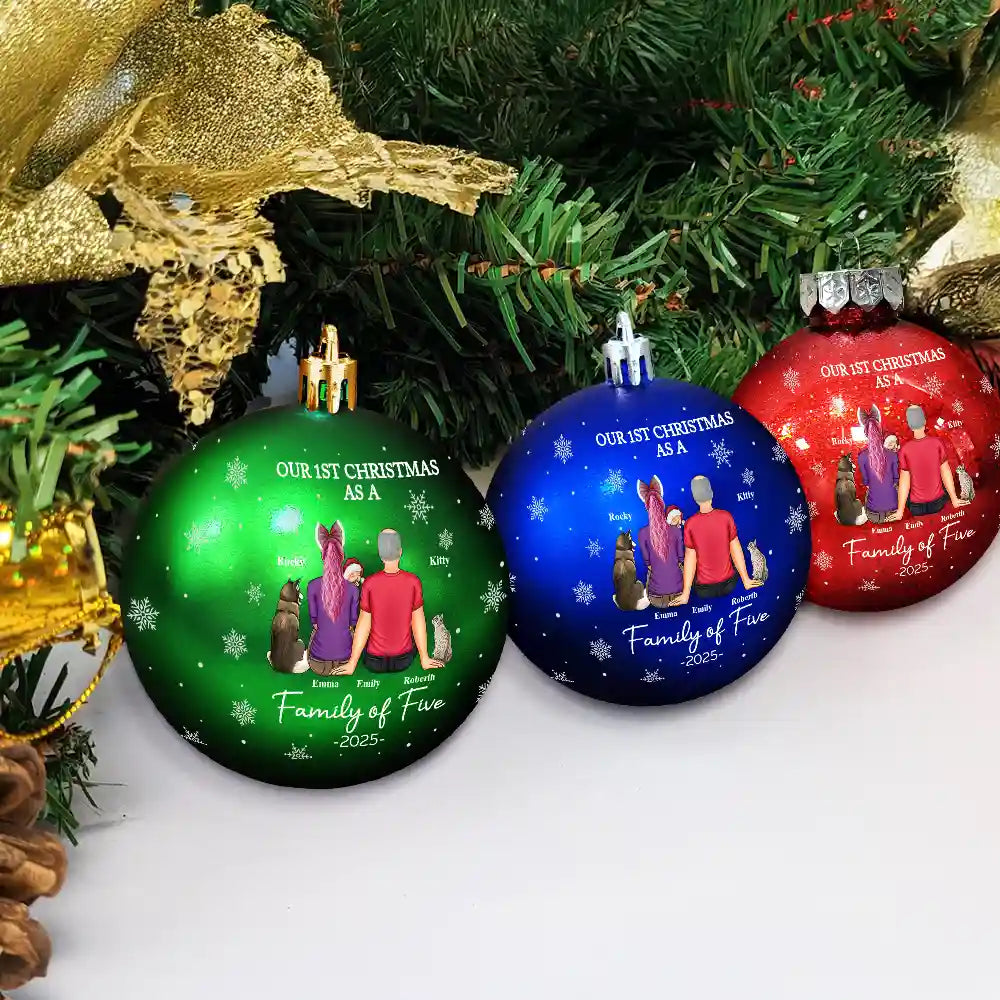 Christmas,Family,Dog Lovers,Cat Lovers,Pet Lovers,Parents,Happy,New Dad,New baby,New Mom - First Christmas As A Family Of Three New Parents - Personalized Ball Ornament
