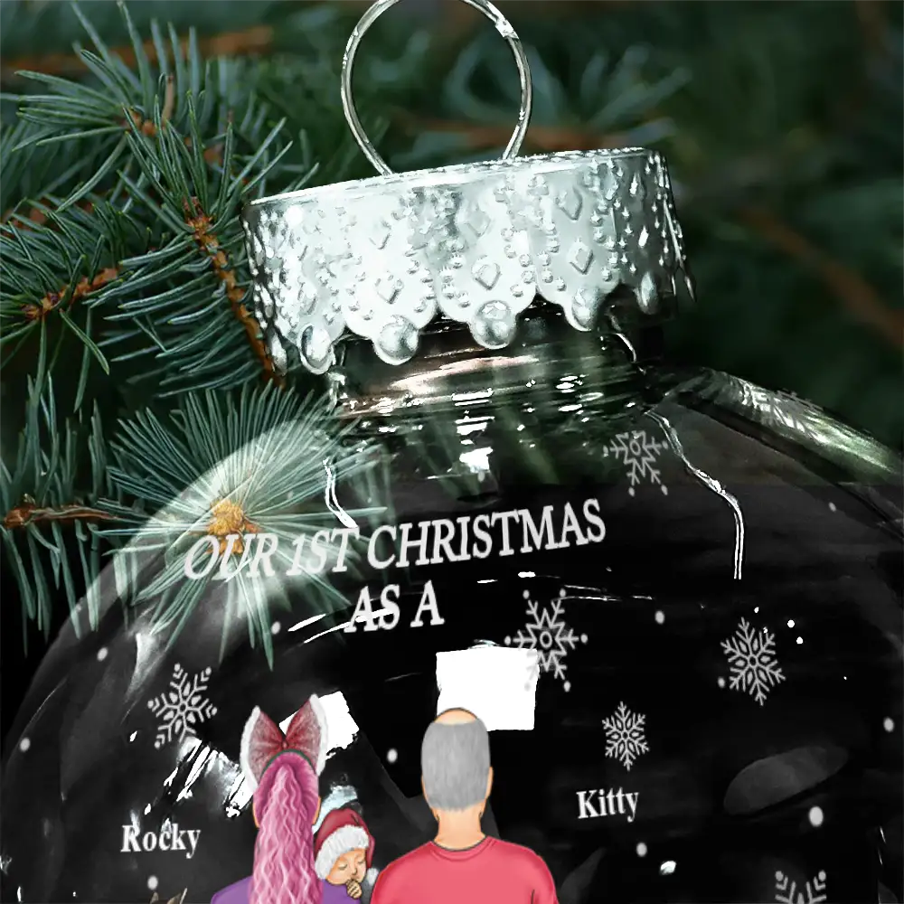Christmas,Family,Dog Lovers,Cat Lovers,Pet Lovers,Parents,Happy,New Dad,New baby,New Mom - First Christmas As A Family Of Three New Parents - Personalized Ball Ornament
