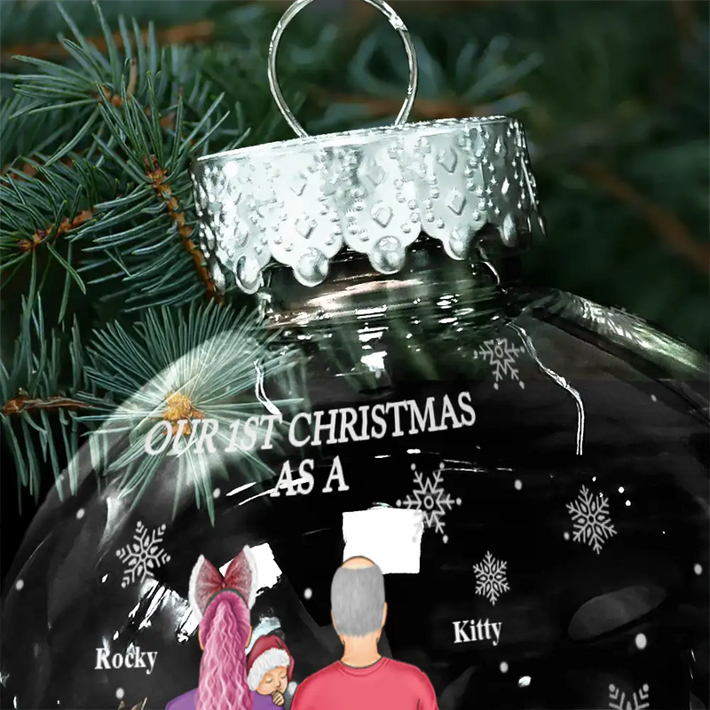 Christmas,Family,Dog Lovers,Cat Lovers,Pet Lovers,Parents,Happy,New Dad,New baby,New Mom - First Christmas As A Family Of Three New Parents - Personalized Ball Ornament