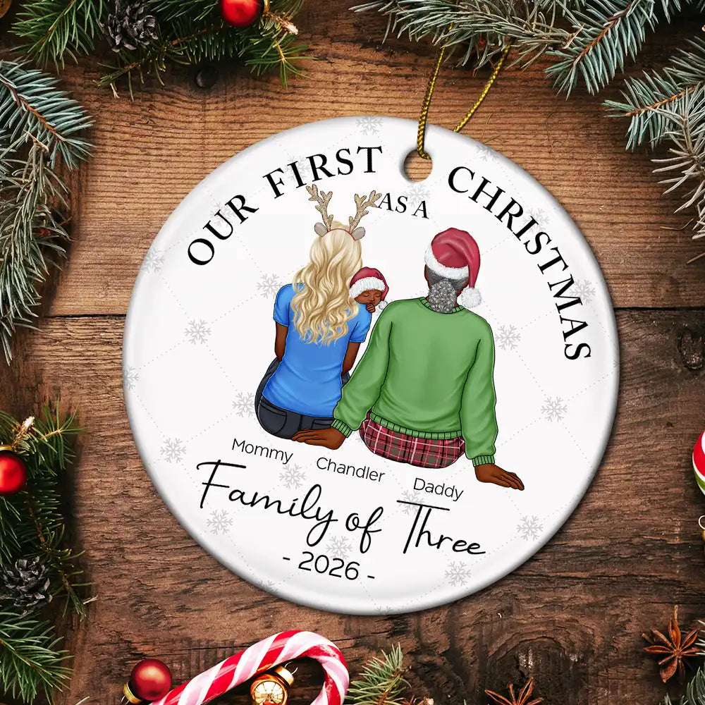 First Christmas As A Family Of Three New Parents - Personalized Circle Ceramic Ornament