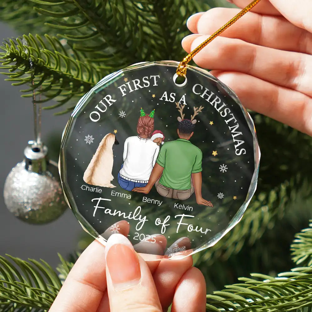 Family, Parents, New Baby - First Christmas As A Family Of Three New Parents - Personalized Circle Glass Ornament