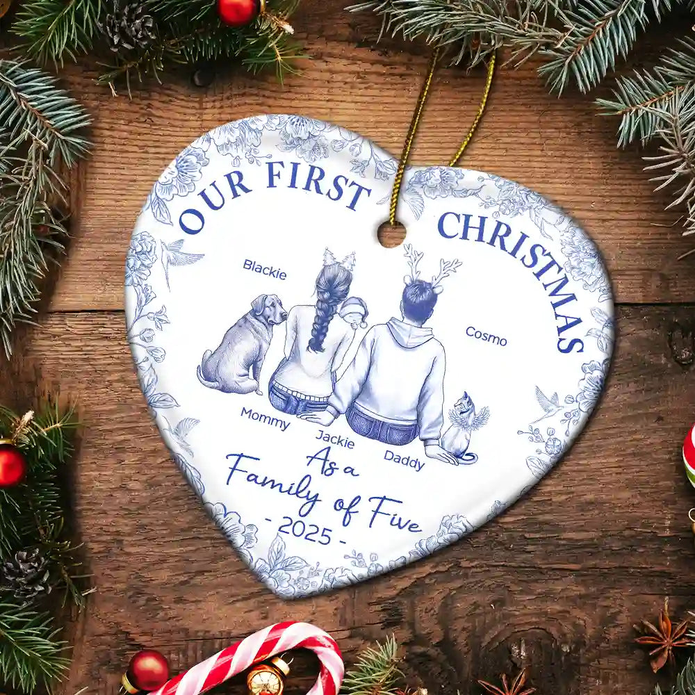 Christmas, Family, Dog Lovers, Cat Lovers, Pet Lovers, Parents, Happy, New Dad, New baby, New Mom - First Christmas As A Family Of Three New Parents Toile - Personalized Heart Ceramic Ornament