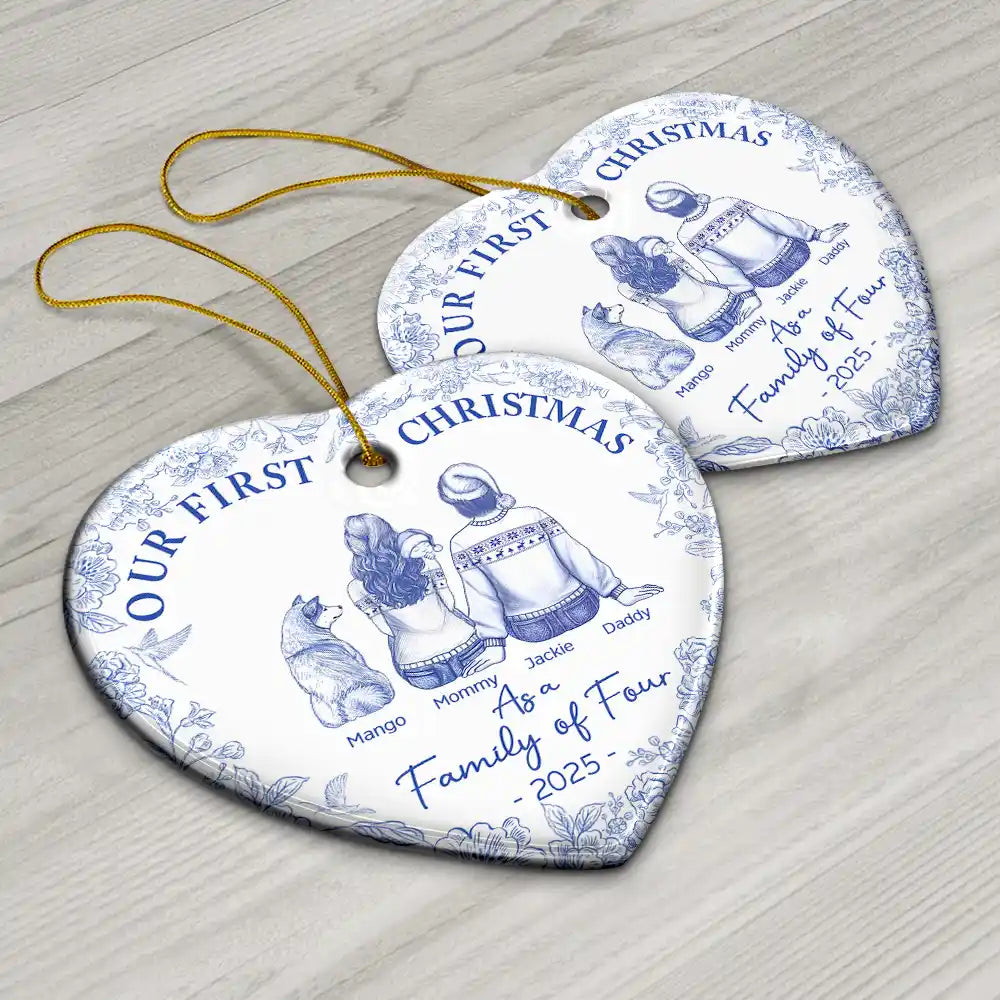 Christmas, Family, Dog Lovers, Cat Lovers, Pet Lovers, Parents, Happy, New Dad, New baby, New Mom - First Christmas As A Family Of Three New Parents Toile - Personalized Heart Ceramic Ornament